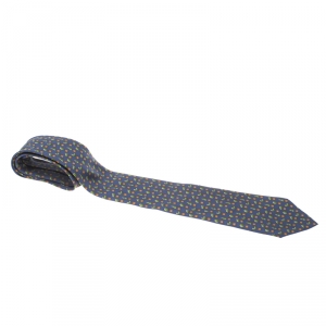 Pre Owned Hermes Navy Blue Whimsical Topiary Animal Printed Silk Traditional Tie
