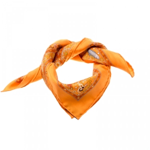 Hermes Orange Peuple Du Vent Printed Silk Pocket Square  