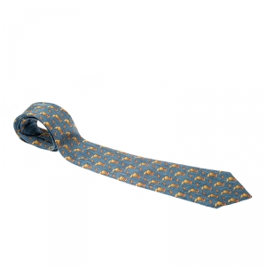 Pre Owned Hermes Blue Silk Circus Elephant and Mouse Print Tie 