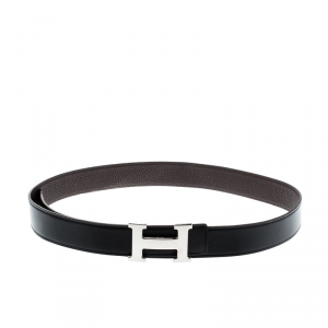Pre Owned Hermes Black Leather H Buckle Reversible Belt 95CM