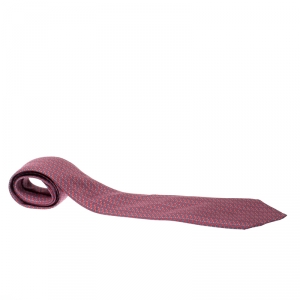 Pre Owned Hermes Red and Blue Geometric Stripe Print Silk Twill Tie 