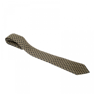 Pre Owned Hermes Black Horsebit Print Silk Twill Tie