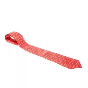 Pre Owned Hermes Red Equestrian Belt Print Silk Twill Tie