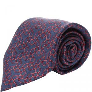 Pre Owned Hermes Navy Blue Ring Print Silk Tie
