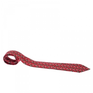 Pre Owned Hermès Red Rice Farmer Print Silk Twill Tie