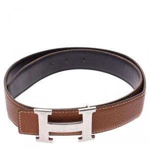 Hermes Brown/Black Leather H Silver Hardware Reversible Belt 80cm