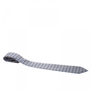 Pre Owned Hermès Vintage Grey Grid Print Silk Twill Tie 