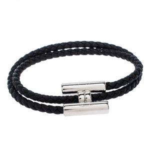 Hermes Tournis Tresse Noir Leather Palladium Plated Adjustable Bracelet