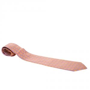 Pre Owned Hermes Orange & Purple H Patterned Jacquard Traditional Silk Tie