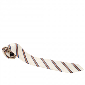 Pre Owned Hermès Cream Diagonal Striped Silk and Linen Tie