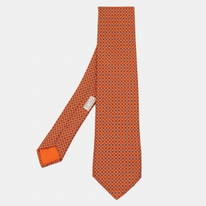 Pre Owned Hermes Orange Geometric Printed Silk Tie