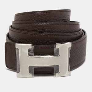Pre Owned Hermes Black/Chocolat Togo and Box Leather H Buckle Reversible Belt 110CM