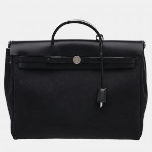 مملوكة مسبقًا Hermes Herbag Messenger 39 Noir Militaire Canvas Hunter Cowhide Leather Crossbody Bag