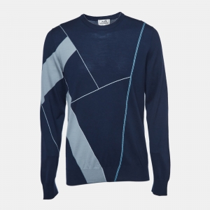 Hermes Navy Blue Patterned Cashmere and Wool Sweater L