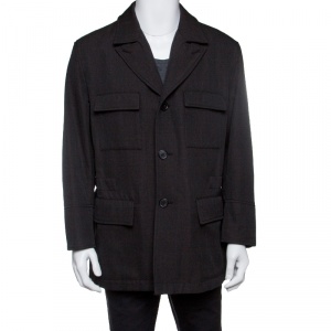 Hermes Commande Particuliere Grey Wool Gabardine Button Front Coat XL