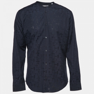 Hermes Navy Blue Patterned Cotton Round Neck Shirt L