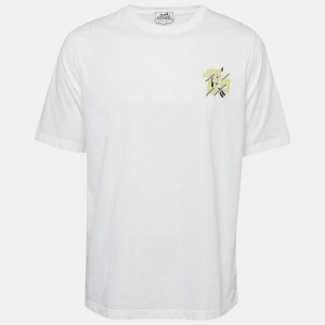 Hermes White Leather Applique Cotton Knit Crew Neck T-Shirt L