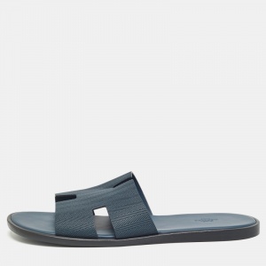 Hermes Navy Blue  Leather Izmir Flat Slides Size 47