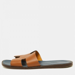 Hermes Brown Leather Izmir Flat Slides Size 42.5