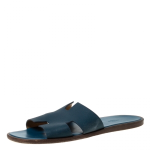 Hermes Blue Leather Izmir Slip On Slides Size 45