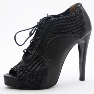 Hermes Black Woven Lace Up Peep Toe Booties Size 37