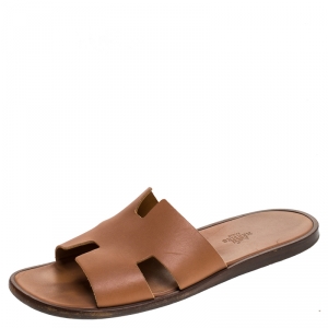 Hermes Brown Leather Izmir Flat Slides Size 42.5