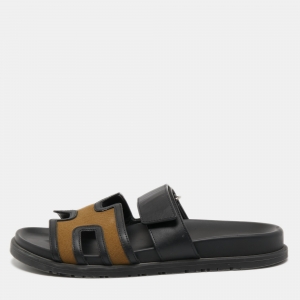 Hermes Brown/Black Canvas and Leather Chypre Sandals Size 42