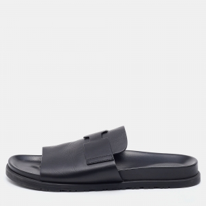 Hermes Black Leather Vigo Flat Slides Size 44.5