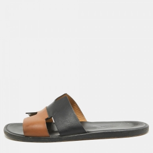 Hermes Black/Brown Leather Izmir Flat Slides Size 42