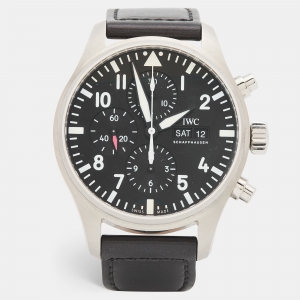 IWC Schaffhausen Black Stainless Steel Leather Pilot IW377709 Men's Wristwatch 43 mm