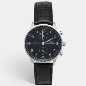 IWC Black Stainless Steel Alligator Leather Portuguese IW371447 Men's Wristwatch 40.90 mm