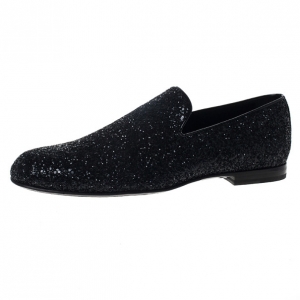Jimmy Choo Black Coarse Glitter Sloane Smoking Slippers Size 42