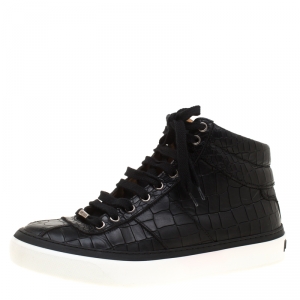 Jimmy Choo Black Croc Embossed Leather High Top Sneakers Size 40.5