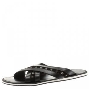 Jimmy Choo Black Leather And Suede Wally Star Embellished Cross Strap Slides Size 44.5