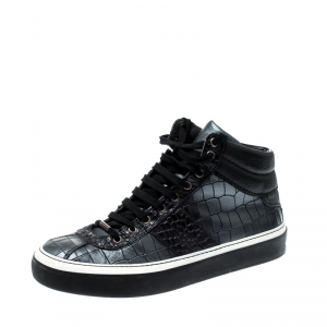 Jimmy Choo Black Metallic Crocodile Embossed Leather Belgravia High Top Sneakers Size 42.5