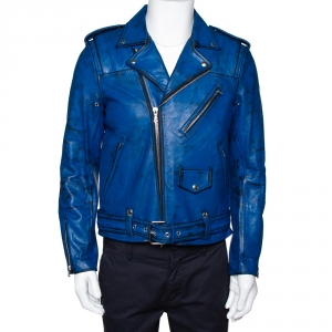 John Elliott X Blackmeans Black & Blue Painted Leather Riders Jacket L