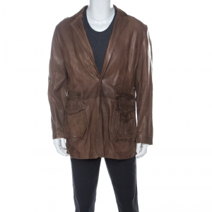 Pre Owned Just Cavalli Brown Leather Pleated Yoke Detail Jacket 5XL 