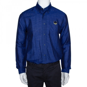Kenzo Navy Blue Tiger Crest Embroidered Linen Blend Button Down Shirt M