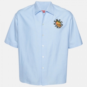 Pre Owned Kenzo Blue Cotton Logo Embroidered Short Sleeve Shirt M
