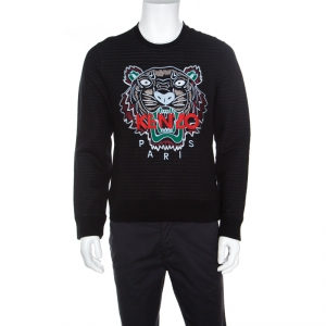 Kenzo Black Striped Knit Embroidered Tiger Motif Sweatshirt M