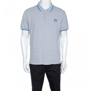 Pre Owned Kenzo Grey Cotton Contrast Trim Tiger Crest Polo T-Shirt L