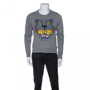 Pre Owned Kenzo Grey Cotton Tiger Embroidered Sweatshirt S