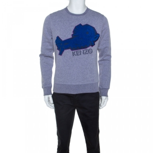Kenzo Grey Jersey Abstract Fish Applique Sweatshirt M