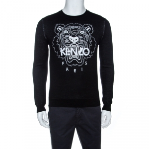 Kenzo Monochrome Tiger & Logo Embroidered Knit Sweater S
