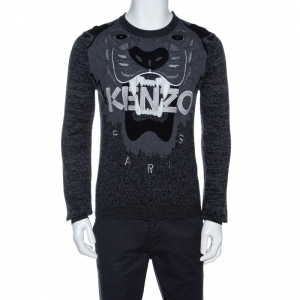 Pre Owned Kenzo Grey Tiger & Logo Embroidered Wool Melange Sweater S