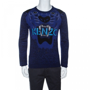 Pre Owned Kenzo Blue Tiger & Logo Embroidered Wool Melange Sweater S