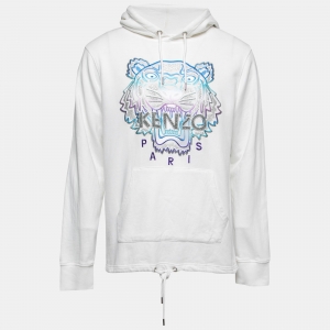 Kenzo White Terry Knit Tiger Embroidered Hoodie L
