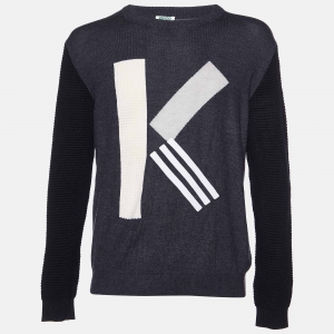 Kenzo Grey K Color Block Wool Knit Crew Neck Sweater L