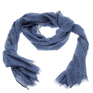 Loro Piana Blue Cashmere Silk Herringbone Pattern Dotted Scarf