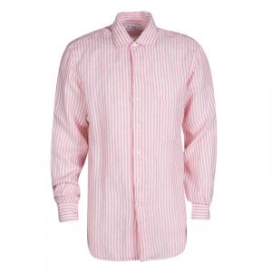 Loro Piana Pink and White Striped Linen Button Front Shirt L